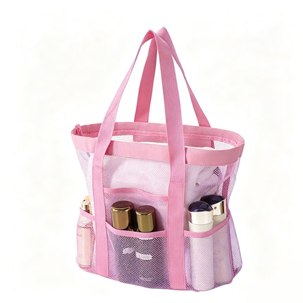 Pink small size Large Capacity Mesh Beach Tote Bag - Breathable PET  with Multi-Pocket Storage, Quick-Dry Design for Travel, Gym, and Poolside Use