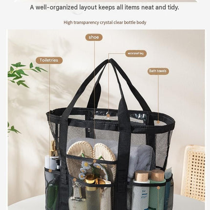 Grey large size Large Capacity Mesh Beach Tote Bag - Breathable PET  with Multi-Pocket Storage, Quick-Dry Design for Travel, Gym, and Poolside Use