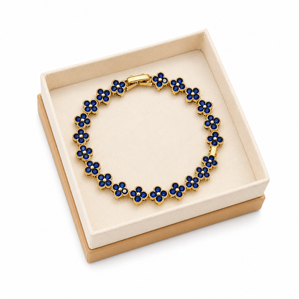 Gold and Blue Four-Leaf Clover Zircon Bracelet - Gold-Tone Alloy Lucky Charm Wristband with Full Crystal Pave, 22cm Elegant Fashion Jewellery for Women