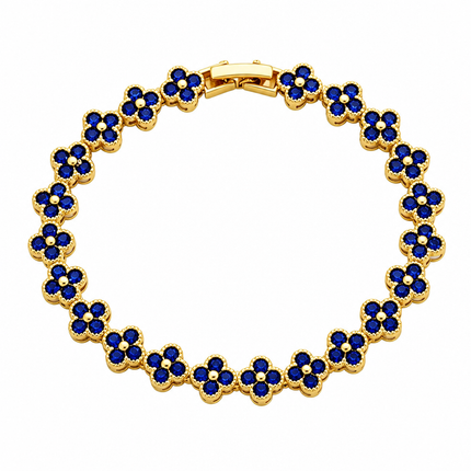 Gold and Blue Four-Leaf Clover Zircon Bracelet - Gold-Tone Alloy Lucky Charm Wristband with Full Crystal Pave, 22cm Elegant Fashion Jewellery for Women