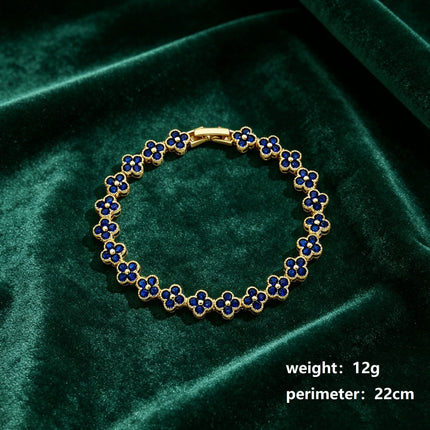 Gold and Blue Four-Leaf Clover Zircon Bracelet - Gold-Tone Alloy Lucky Charm Wristband with Full Crystal Pave, 22cm Elegant Fashion Jewellery for Women