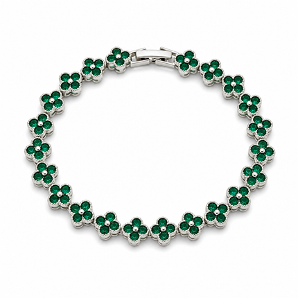 Silver and Green Four-Leaf Clover Zircon Bracelet - Gold-Tone Alloy Lucky Charm Wristband with Full Crystal Pave, 22cm Elegant Fashion Jewellery for Women