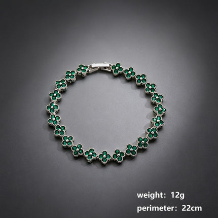 Silver and Green Four-Leaf Clover Zircon Bracelet - Gold-Tone Alloy Lucky Charm Wristband with Full Crystal Pave, 22cm Elegant Fashion Jewellery for Women