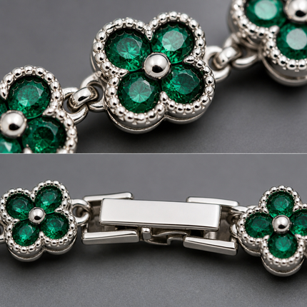 Silver and Green Four-Leaf Clover Zircon Bracelet - Gold-Tone Alloy Lucky Charm Wristband with Full Crystal Pave, 22cm Elegant Fashion Jewellery for Women