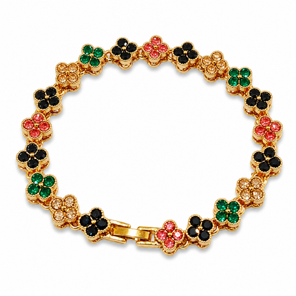 Gold and Color Four-Leaf Clover Zircon Bracelet - Gold-Tone Alloy Lucky Charm Wristband with Full Crystal Pave, 22cm Elegant Fashion Jewellery for Women
