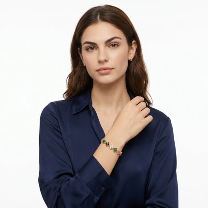 Gold and Color Four-Leaf Clover Zircon Bracelet - Gold-Tone Alloy Lucky Charm Wristband with Full Crystal Pave, 22cm Elegant Fashion Jewellery for Women