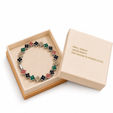 Silver and Color Four-Leaf Clover Zircon Bracelet - Gold-Tone Alloy Lucky Charm Wristband with Full Crystal Pave, 22cm Elegant Fashion Jewellery for Women