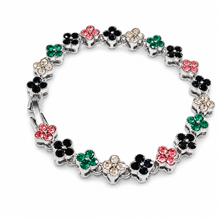 Silver and Color Four-Leaf Clover Zircon Bracelet - Gold-Tone Alloy Lucky Charm Wristband with Full Crystal Pave, 22cm Elegant Fashion Jewellery for Women