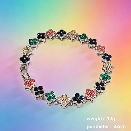 Silver and Color Four-Leaf Clover Zircon Bracelet - Gold-Tone Alloy Lucky Charm Wristband with Full Crystal Pave, 22cm Elegant Fashion Jewellery for Women
