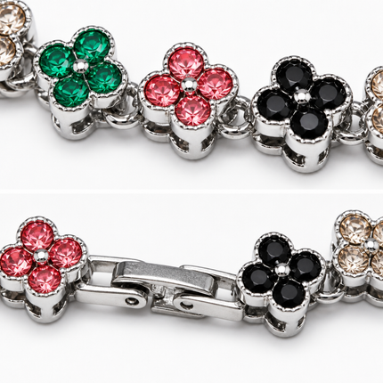 Silver and Color Four-Leaf Clover Zircon Bracelet - Gold-Tone Alloy Lucky Charm Wristband with Full Crystal Pave, 22cm Elegant Fashion Jewellery for Women