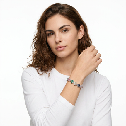 Silver and Color Four-Leaf Clover Zircon Bracelet - Gold-Tone Alloy Lucky Charm Wristband with Full Crystal Pave, 22cm Elegant Fashion Jewellery for Women