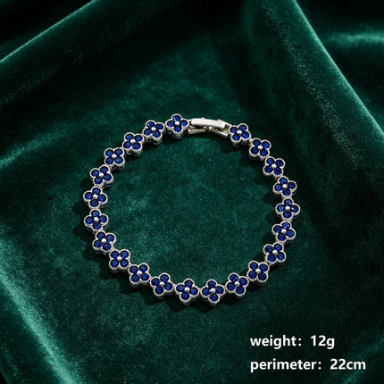 Silver and Blue Four-Leaf Clover Zircon Bracelet - Gold-Tone Alloy Lucky Charm Wristband with Full Crystal Pave, 22cm Elegant Fashion Jewellery for Women