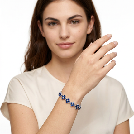 Silver and Blue Four-Leaf Clover Zircon Bracelet - Gold-Tone Alloy Lucky Charm Wristband with Full Crystal Pave, 22cm Elegant Fashion Jewellery for Women