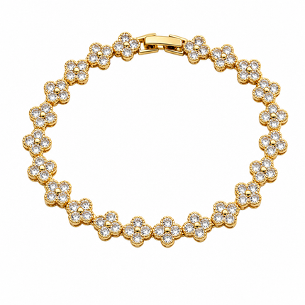 Gold and White Four-Leaf Clover Zircon Bracelet - Gold-Tone Alloy Lucky Charm Wristband with Full Crystal Pave, 22cm Elegant Fashion Jewellery for Women
