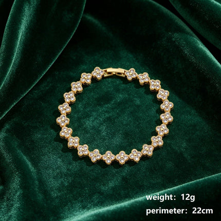 Gold and White Four-Leaf Clover Zircon Bracelet - Gold-Tone Alloy Lucky Charm Wristband with Full Crystal Pave, 22cm Elegant Fashion Jewellery for Women