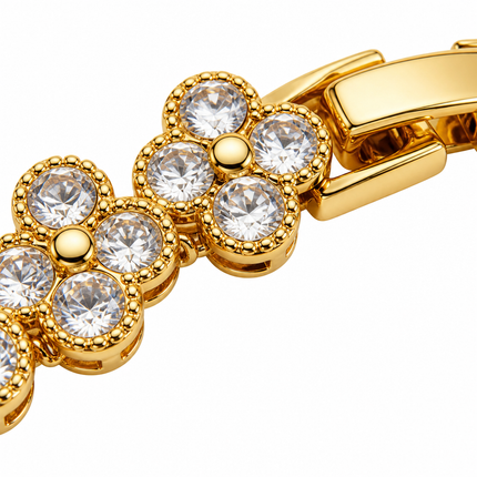 Gold and White Four-Leaf Clover Zircon Bracelet - Gold-Tone Alloy Lucky Charm Wristband with Full Crystal Pave, 22cm Elegant Fashion Jewellery for Women