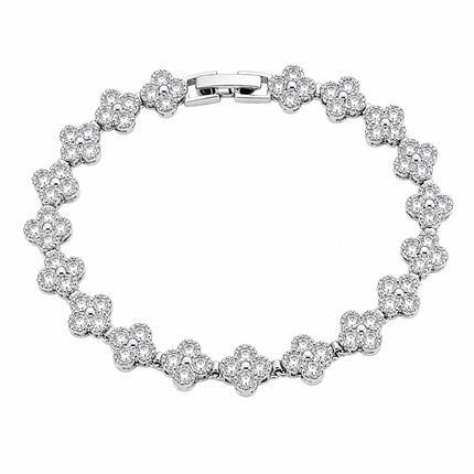Silver and White Four-Leaf Clover Zircon Bracelet - Gold-Tone Alloy Lucky Charm Wristband with Full Crystal Pave, 22cm Elegant Fashion Jewellery for Women