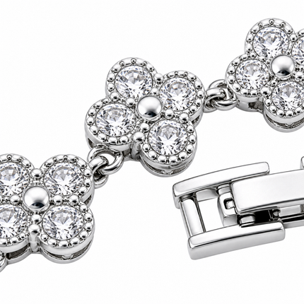 Silver and White Four-Leaf Clover Zircon Bracelet - Gold-Tone Alloy Lucky Charm Wristband with Full Crystal Pave, 22cm Elegant Fashion Jewellery for Women