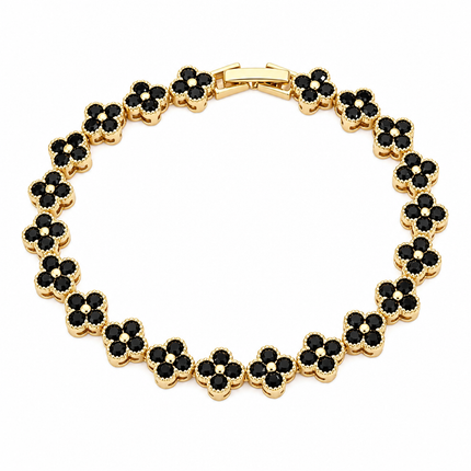 Gold and Black Four-Leaf Clover Zircon Bracelet - Gold-Tone Alloy Lucky Charm Wristband with Full Crystal Pave, 22cm Elegant Fashion Jewellery for Women