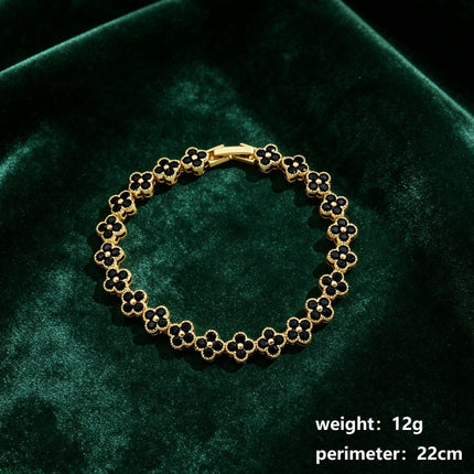 Gold and Black Four-Leaf Clover Zircon Bracelet - Gold-Tone Alloy Lucky Charm Wristband with Full Crystal Pave, 22cm Elegant Fashion Jewellery for Women
