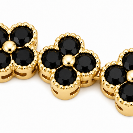 Gold and Black Four-Leaf Clover Zircon Bracelet - Gold-Tone Alloy Lucky Charm Wristband with Full Crystal Pave, 22cm Elegant Fashion Jewellery for Women