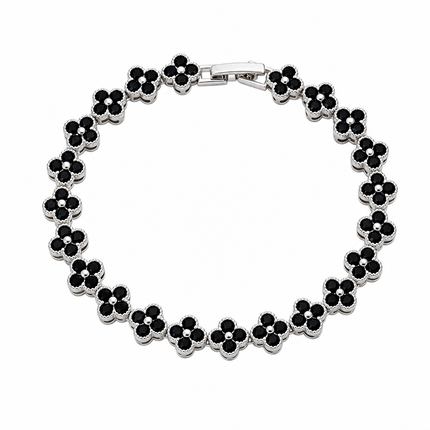 Silver and Black Four-Leaf Clover Zircon Bracelet - Gold-Tone Alloy Lucky Charm Wristband with Full Crystal Pave, 22cm Elegant Fashion Jewellery for Women