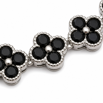 Silver and Black Four-Leaf Clover Zircon Bracelet - Gold-Tone Alloy Lucky Charm Wristband with Full Crystal Pave, 22cm Elegant Fashion Jewellery for Women