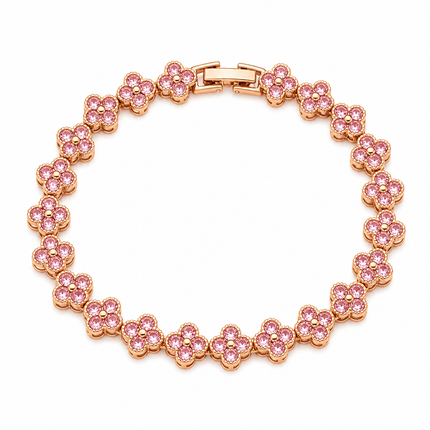 Gold and Pink Four-Leaf Clover Zircon Bracelet - Gold-Tone Alloy Lucky Charm Wristband with Full Crystal Pave, 22cm Elegant Fashion Jewellery for Women