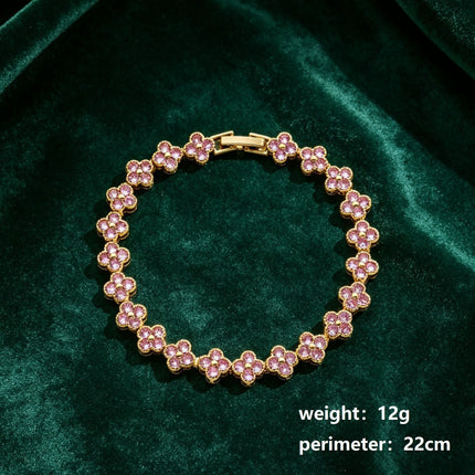 Gold and Pink Four-Leaf Clover Zircon Bracelet - Gold-Tone Alloy Lucky Charm Wristband with Full Crystal Pave, 22cm Elegant Fashion Jewellery for Women
