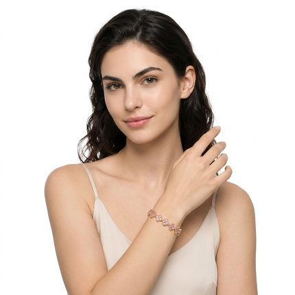 Gold and Pink Four-Leaf Clover Zircon Bracelet - Gold-Tone Alloy Lucky Charm Wristband with Full Crystal Pave, 22cm Elegant Fashion Jewellery for Women