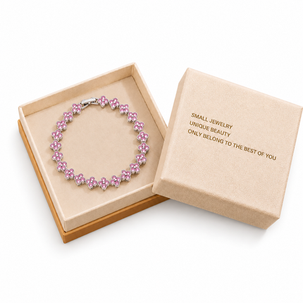 Silver and Pink Four-Leaf Clover Zircon Bracelet - Gold-Tone Alloy Lucky Charm Wristband with Full Crystal Pave, 22cm Elegant Fashion Jewellery for Women