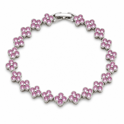 Silver and Pink Four-Leaf Clover Zircon Bracelet - Gold-Tone Alloy Lucky Charm Wristband with Full Crystal Pave, 22cm Elegant Fashion Jewellery for Women