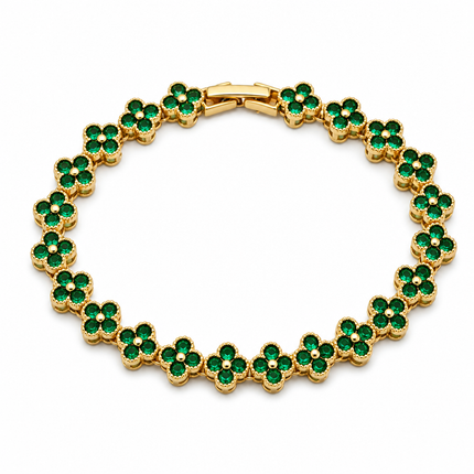 Gold and Green Four-Leaf Clover Zircon Bracelet - Gold-Tone Alloy Lucky Charm Wristband with Full Crystal Pave, 22cm Elegant Fashion Jewellery for Women
