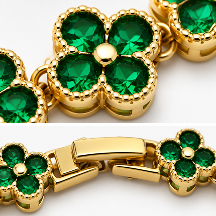 Gold and Green Four-Leaf Clover Zircon Bracelet - Gold-Tone Alloy Lucky Charm Wristband with Full Crystal Pave, 22cm Elegant Fashion Jewellery for Women