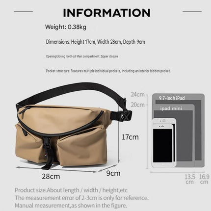 Khaki Ultra-Light Men's Crossbody Bag - PU Water-Resistant Sling Bag with Multi-Compartment Storage, Adjustable Strap, and Secure Zipper Closure for Commuting, Cycling, and Urban Travel
