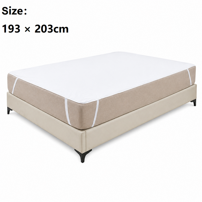 193*203cm White Waterproof Mattress Protector - Microfibre Terry Towelling Top, TPU Membrane Barrier, Machine Washable Fitted Sheet with 4 Corner Straps