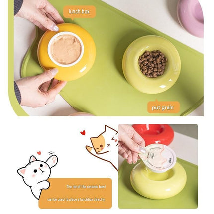 Red Ceramic Pet Donut Bowl - 50ml  Food Dish for Cats and Small Dogs - Non Slip Base, Easy Clean Glaze, Compact Snack Feeder, Pastel Colours, Home and Travel Use