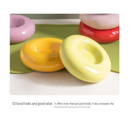 Pink Ceramic Pet Donut Bowl - 50ml  Food Dish for Cats and Small Dogs - Non Slip Base, Easy Clean Glaze, Compact Snack Feeder, Pastel Colours, Home and Travel Use