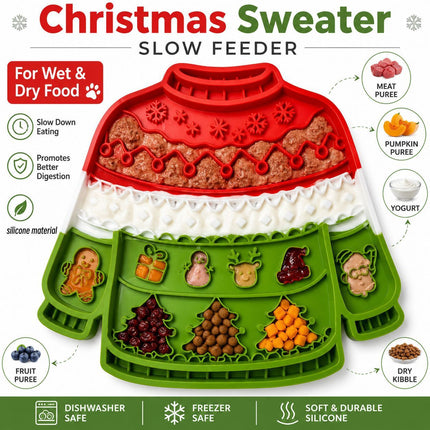 1-pack Pet Lick Mat - Food Grade Silicone Christmas Sweater Slow Feeder with Multi Suction Non Slip Base, Interactive Calming Enrichment for Dogs and Cats