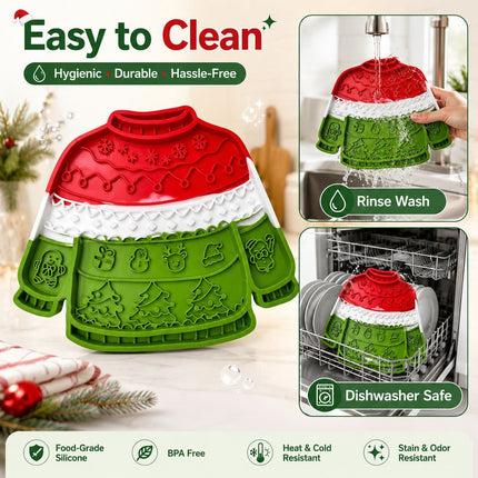 1-pack Pet Lick Mat - Food Grade Silicone Christmas Sweater Slow Feeder with Multi Suction Non Slip Base, Interactive Calming Enrichment for Dogs and Cats