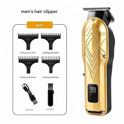 Golden Men's Electric Hair Trimmer Kit - Titanium Alloy Blade, USB Rechargeable with LED Display, 4 Guide Combs, Ergonomic Grip for Home Grooming and Beard Styling,Suitable as a Father's Day gift.