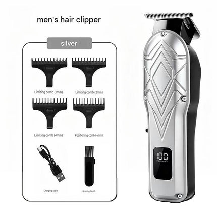 Silvery Men's Electric Hair Trimmer Kit - Titanium Alloy Blade, USB Rechargeable with LED Display, 4 Guide Combs, Ergonomic Grip for Home Grooming and Beard Styling,Suitable as a Father's Day gift.