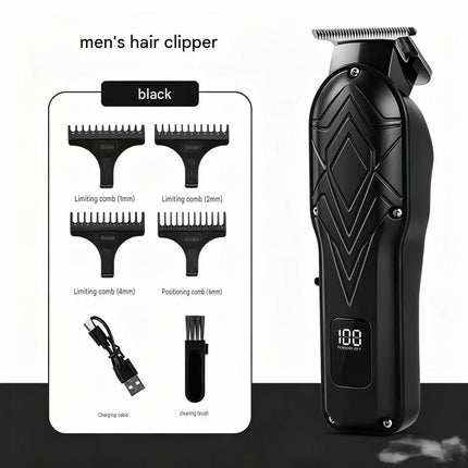 Black Men's Electric Hair Trimmer Kit - Titanium Alloy Blade, USB Rechargeable with LED Display, 4 Guide Combs, Ergonomic Grip for Home Grooming and Beard Styling,Suitable as a Father's Day gift.