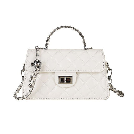 White Quilted Chain Shoulder Bag -  PU Leather Small Square Crossbody - Adjustable Strap, Metal Hardware, Lightweight Everyday Handbag for Women