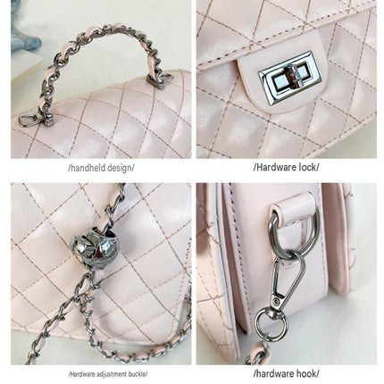 White Quilted Chain Shoulder Bag -  PU Leather Small Square Crossbody - Adjustable Strap, Metal Hardware, Lightweight Everyday Handbag for Women