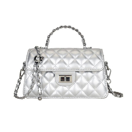 Silvery Quilted Chain Shoulder Bag -  PU Leather Small Square Crossbody - Adjustable Strap, Metal Hardware, Lightweight Everyday Handbag for Women