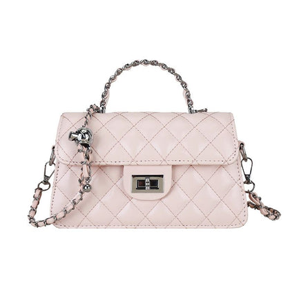 Pink Quilted Chain Shoulder Bag -  PU Leather Small Square Crossbody - Adjustable Strap, Metal Hardware, Lightweight Everyday Handbag for Women
