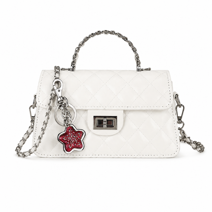 White Quilted Chain Shoulder Bag with Silvery Star Charm - PU Leather Small Square Crossbody - Adjustable Strap, Metal Hardware, Lightweight Everyday Handbag for Women