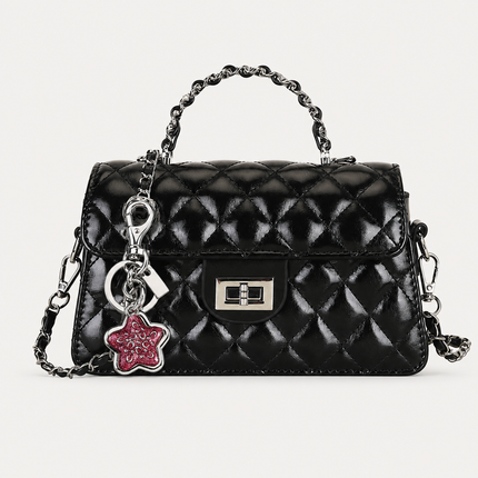 Black Quilted Chain Shoulder Bag with Silvery Star Charm - PU Leather Small Square Crossbody - Adjustable Strap, Metal Hardware, Lightweight Everyday Handbag for Women