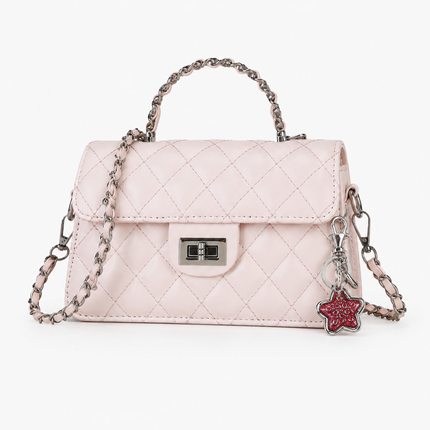 Pink Quilted Chain Shoulder Bag with Silvery Star Charm - PU Leather Small Square Crossbody - Adjustable Strap, Metal Hardware, Lightweight Everyday Handbag for Women